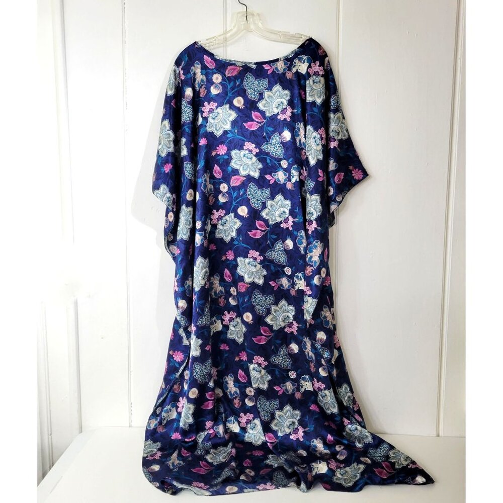 California Dynasty Blue Satin Floral Caftan Loungewear - Picture 3 of 5